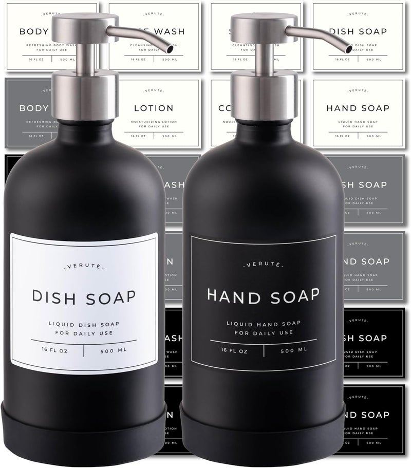Verute Hand and Dish Soap Dispenser for Kitchen and Bathroom, Set of 2 16 Oz Glass Bottles, Stainless Steel Pumps, Non-Slip Silicone Base, 27 Waterproof Labels (Matte Black Bottle/Brushed Silver Pump) - Image 1